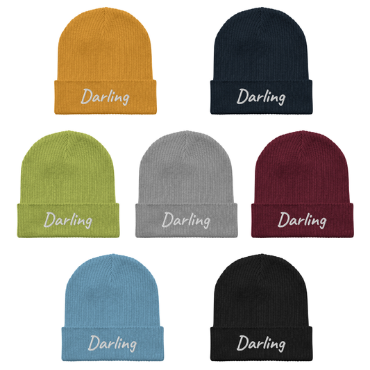 Darling Embroidered Ribbed Beanie 100% Organic Cotton 7 Colors Available
