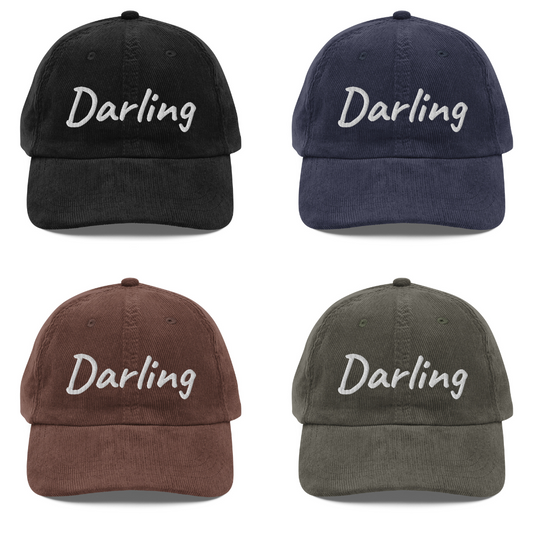 Darling Embroidered Vintage Corduroy Cap Hat Black Navy Brown Olive