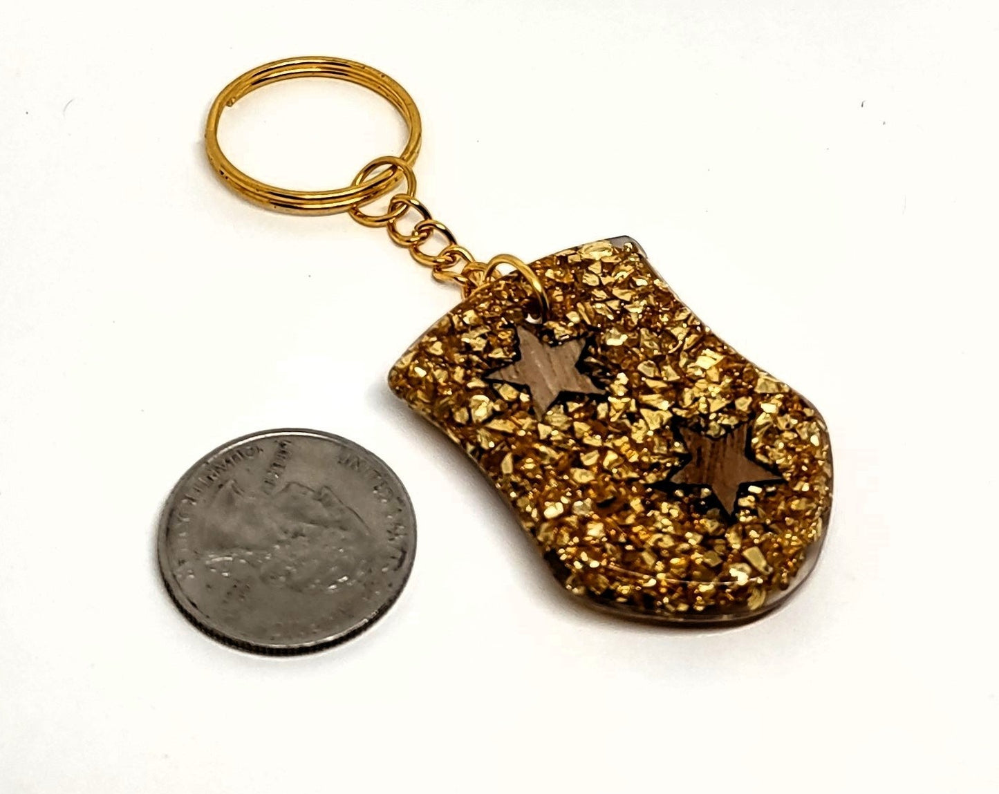 Wood Stars & Golden Stones Resin Shield Adornment on Split Ring