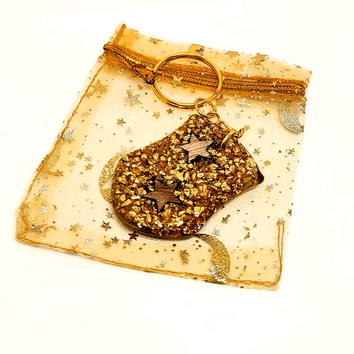 Wood Stars & Golden Stones Resin Shield Adornment on Split Ring
