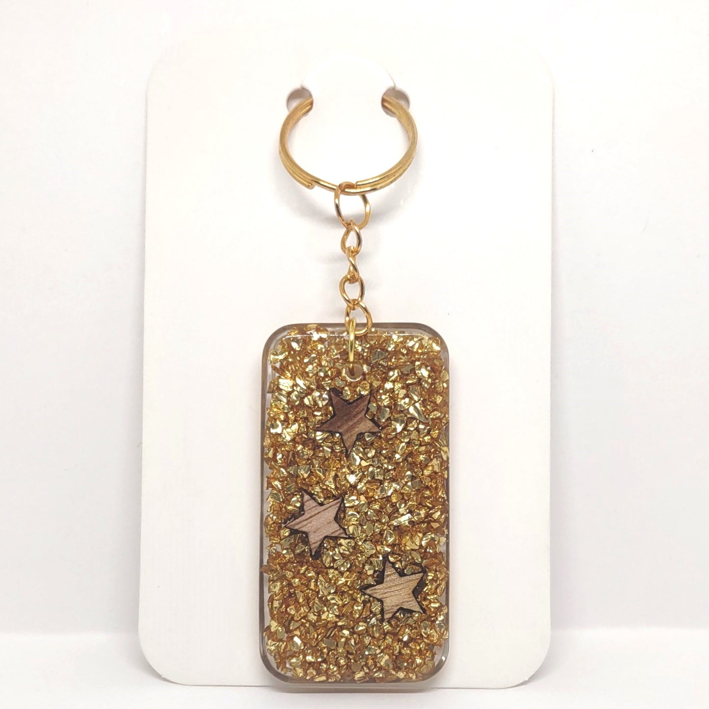 Wood Stars & Golden Stones Encased Resin Rectangle Adornment Split Ring