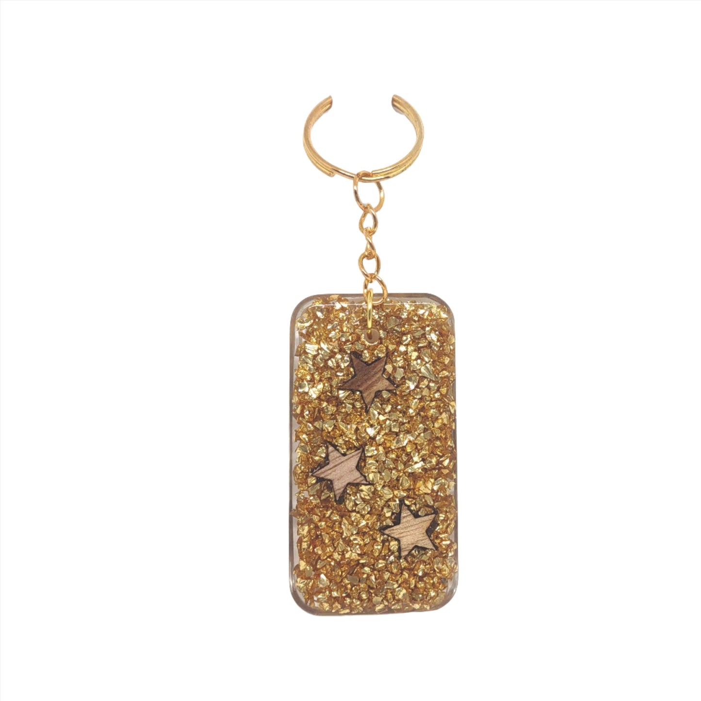 Wood Stars & Golden Stones Encased Resin Rectangle Adornment Split Ring