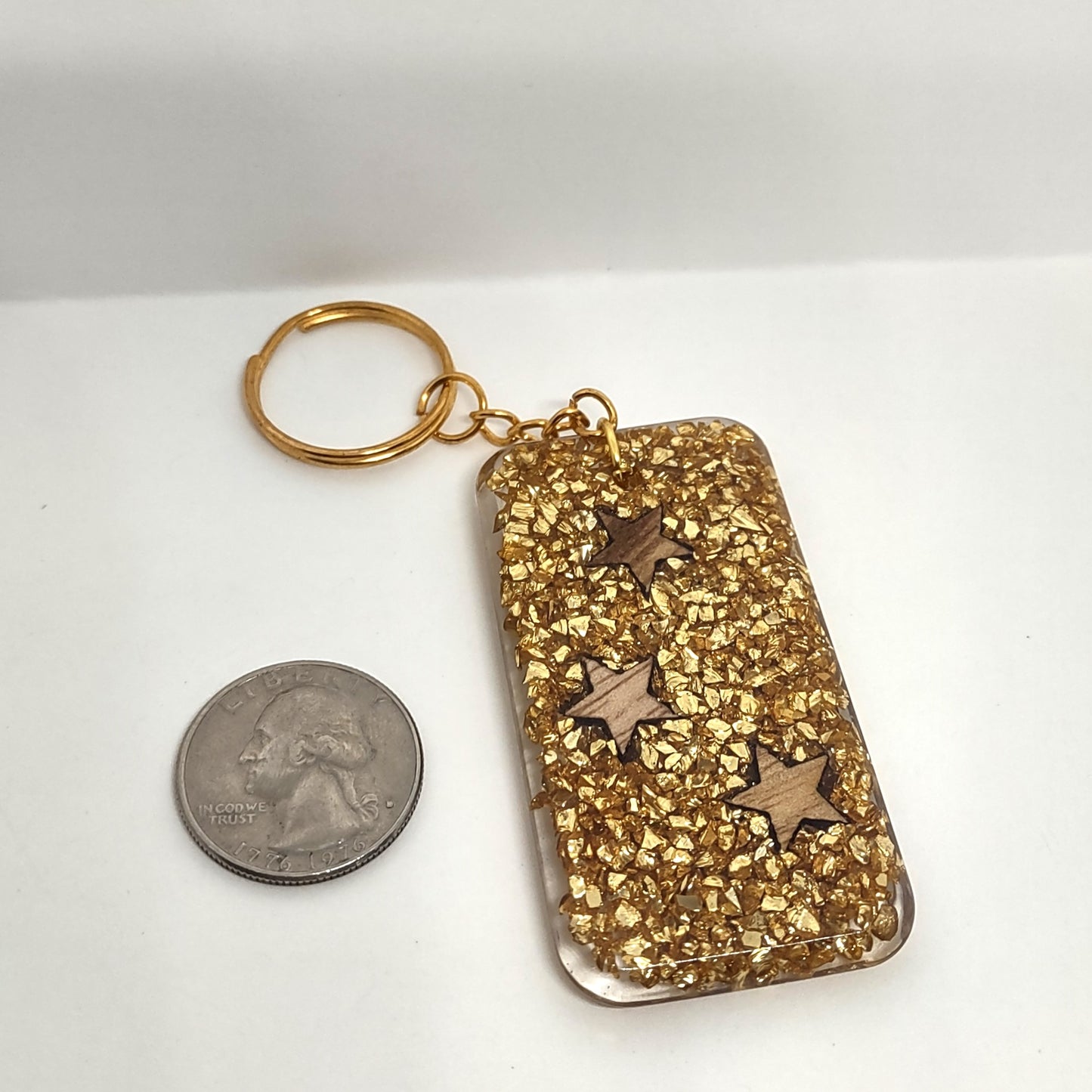 Wood Stars & Golden Stones Encased Resin Rectangle Adornment Split Ring