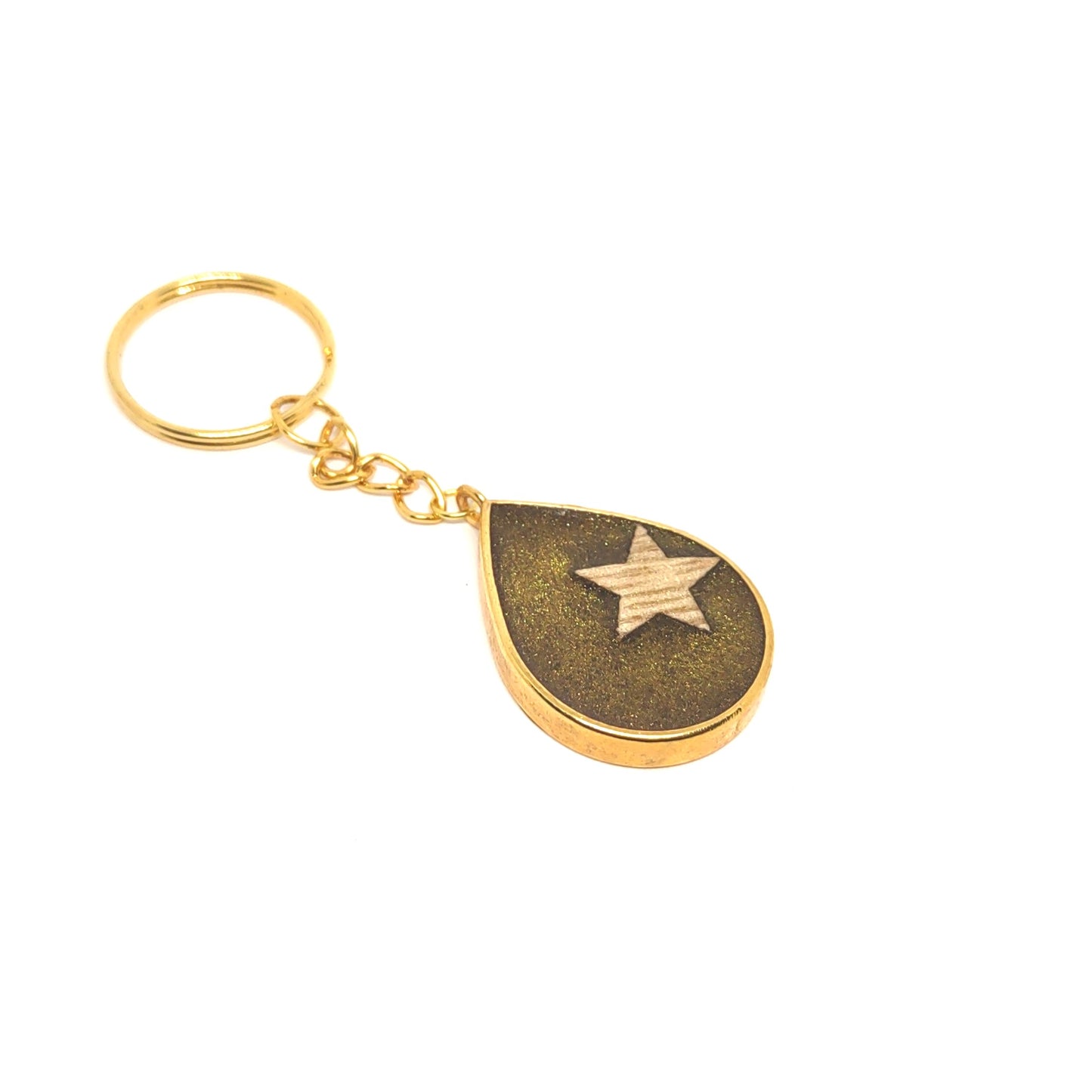 Wood Star Golden Resin Teardrop Adornment on Split Ring