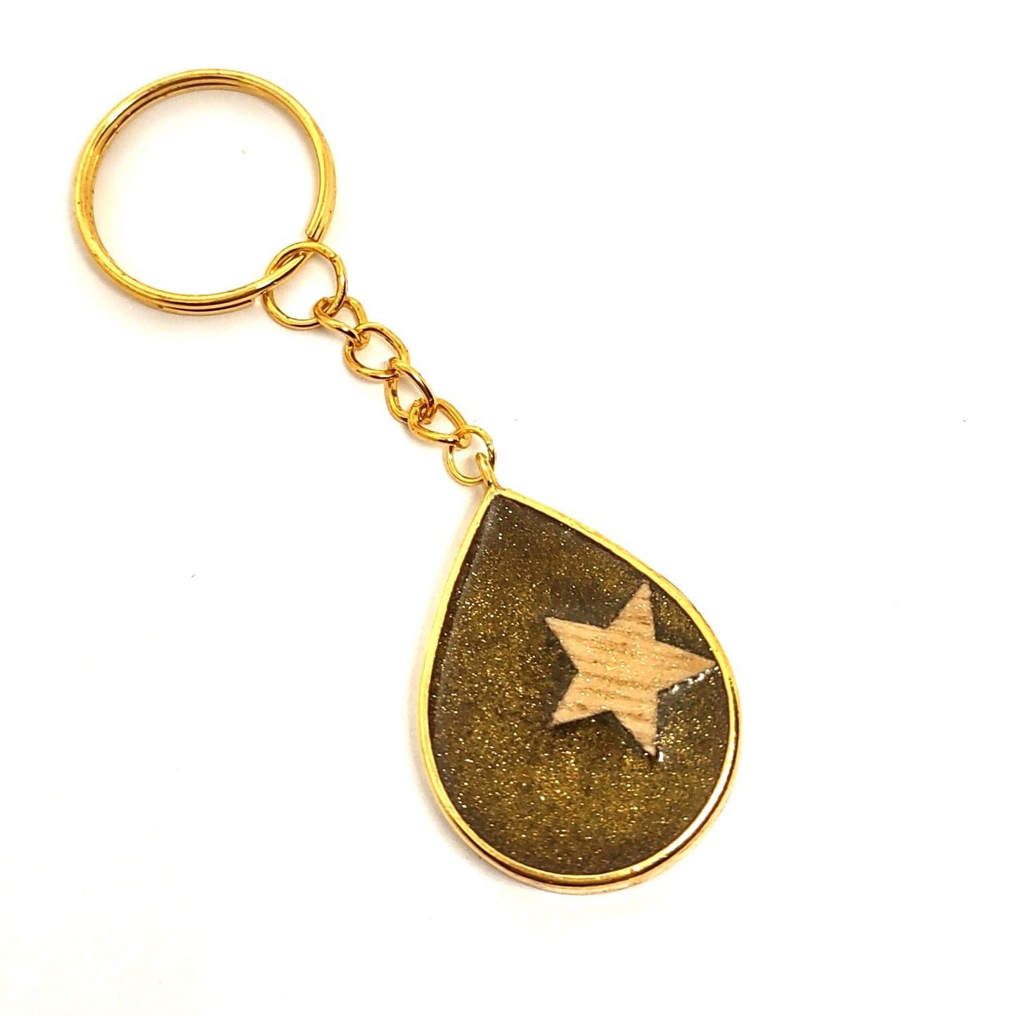 Wood Star Golden Resin Teardrop Adornment on Split Ring