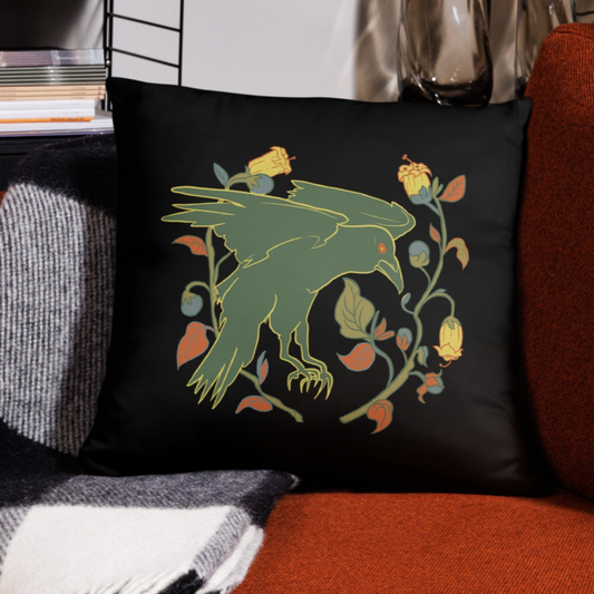 Retro Style Raven Green Bird Black Throw Pillow 18" x 18" Square Pillow