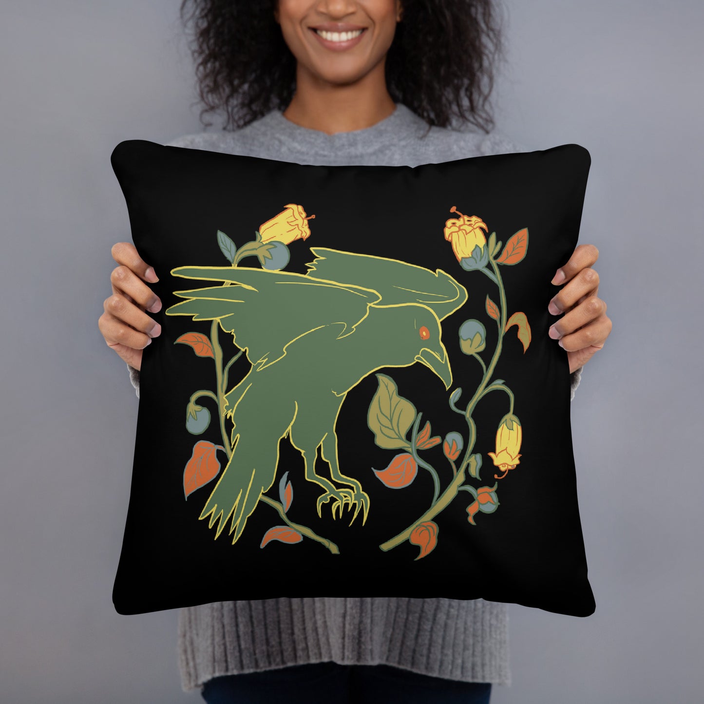 Retro Style Green Bird Raven Black Throw Pillow 18" x 18" Square Pillow