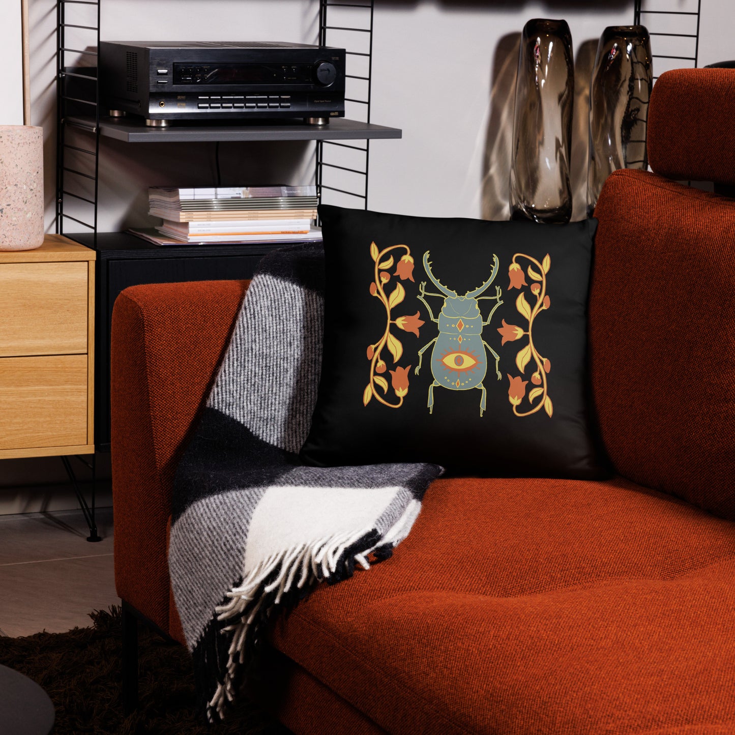 Retro Style Beetle Insect Black Throw Pillow 18" x 18" Square Pillow
