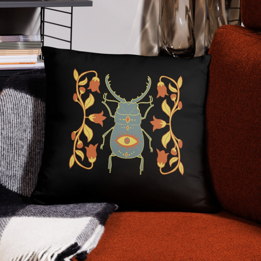 Retro Style Beetle Insect Black Throw Pillow 18" x 18" Square Pillow