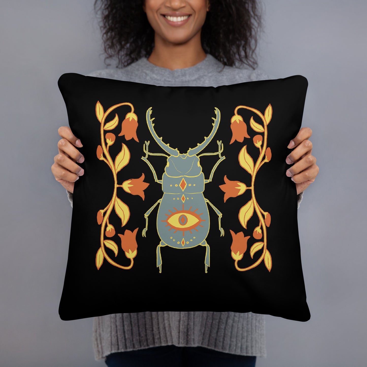 Retro Style Beetle Insect Black Throw Pillow 18" x 18" Square Pillow
