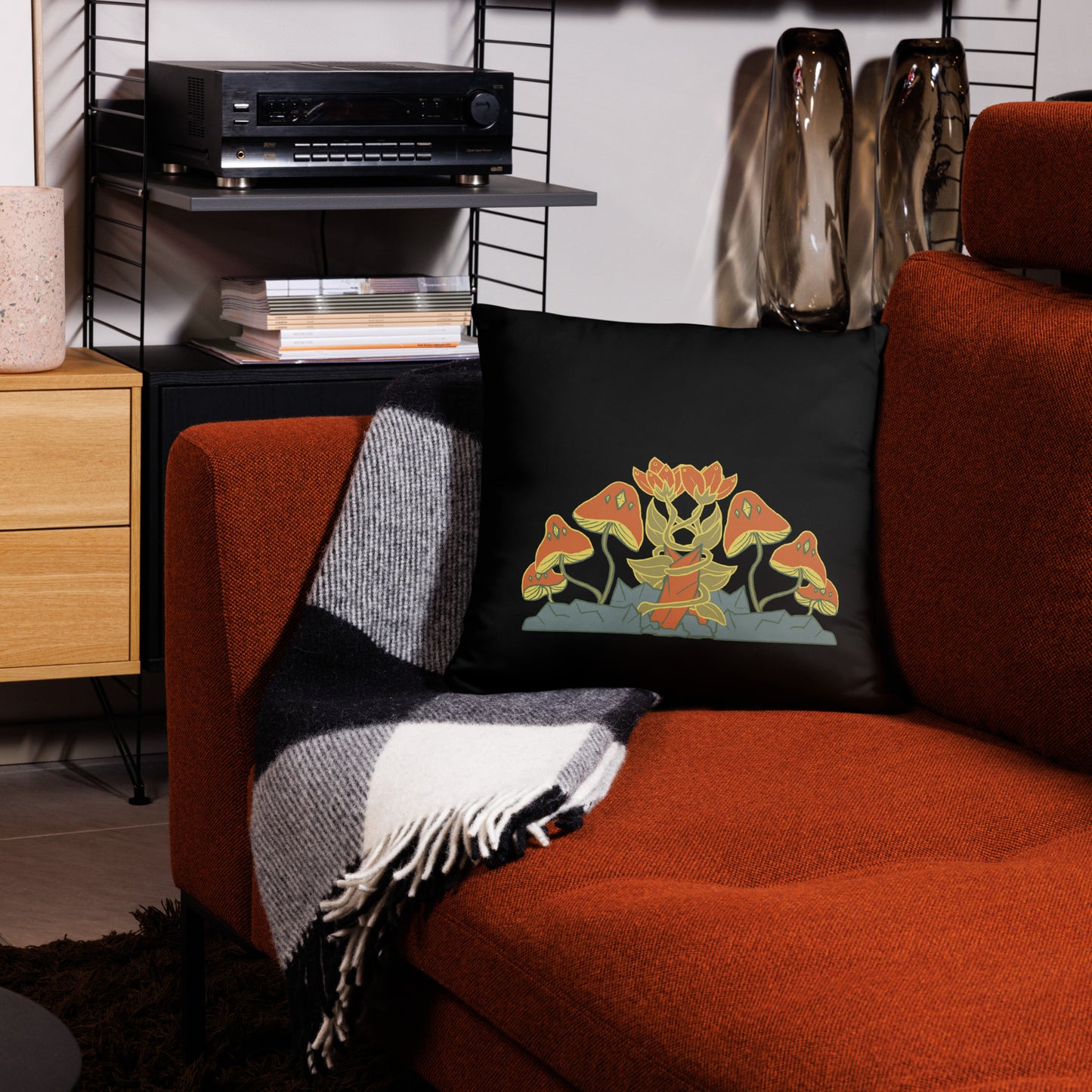 Retro Style Mushrooms Flowers Crystal Black Throw Pillow 18" x 18" Square Pillow
