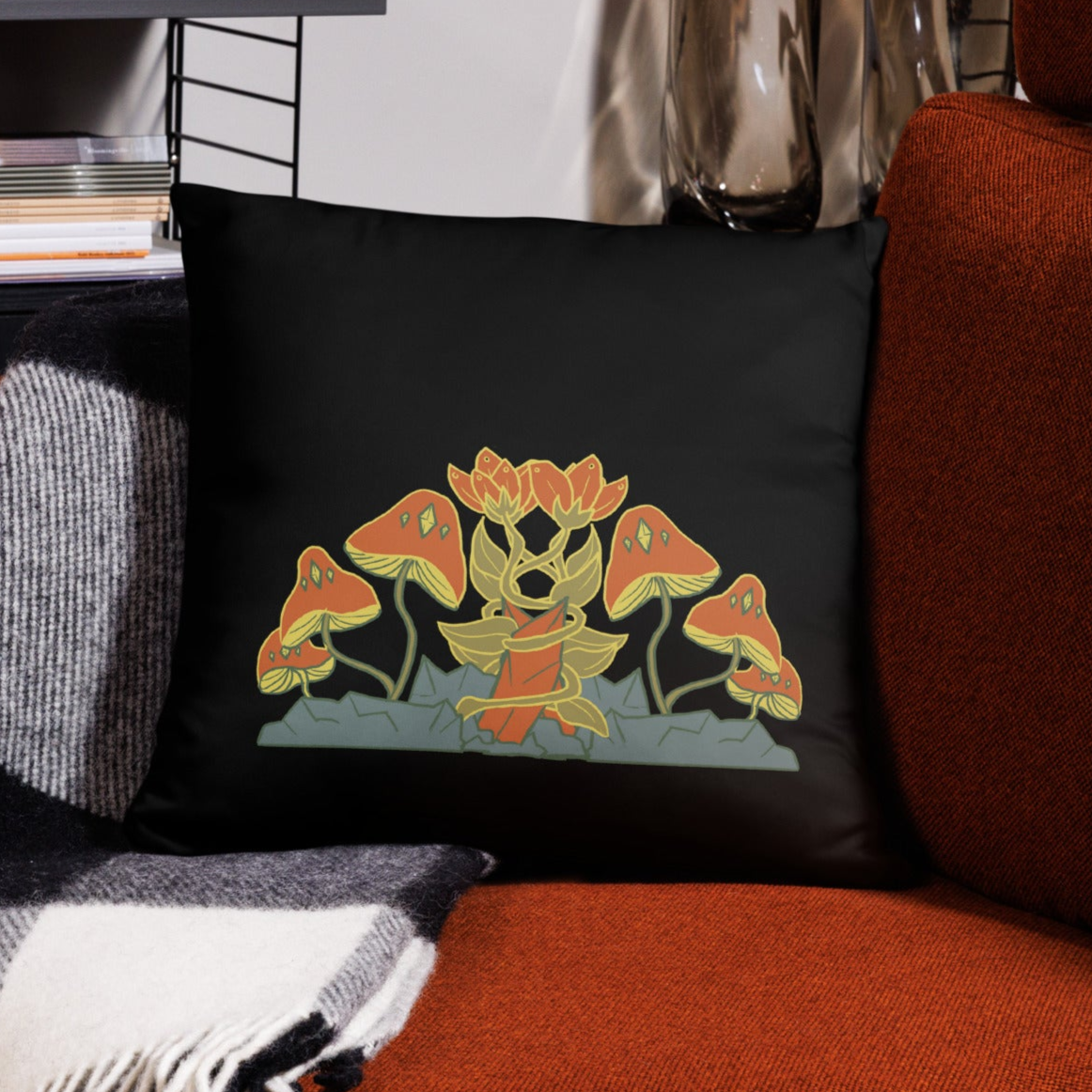 Retro Style Mushrooms Flowers Crystal Black Throw Pillow 18" x 18" Square Pillow
