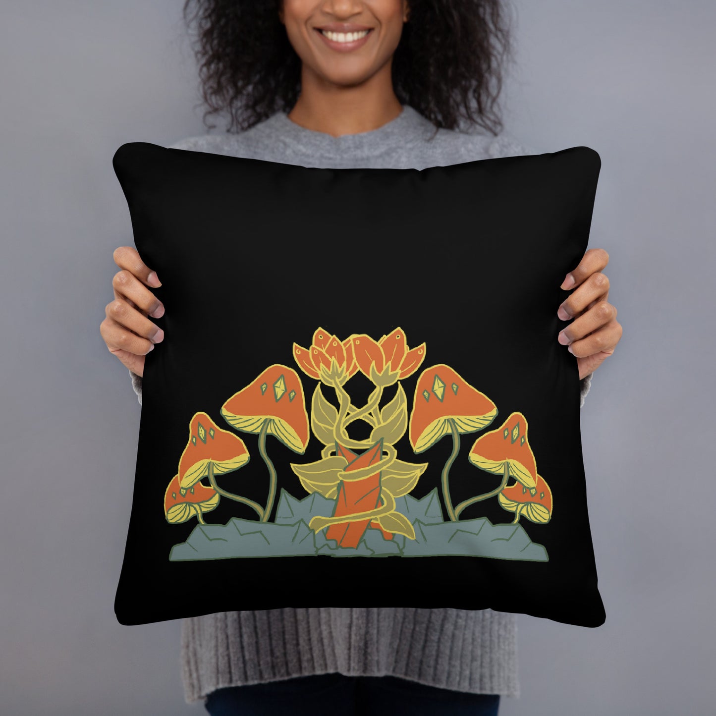 Retro Style Mushrooms Flowers Crystal Black Throw Pillow 18" x 18" Square Pillow