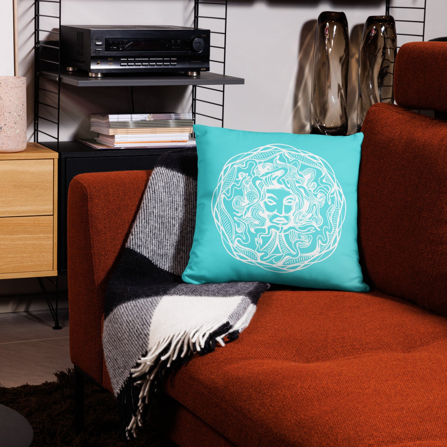 Medusa Circle Emblem Design Bright Blue Throw Pillow 18" x 18" Square Pillow