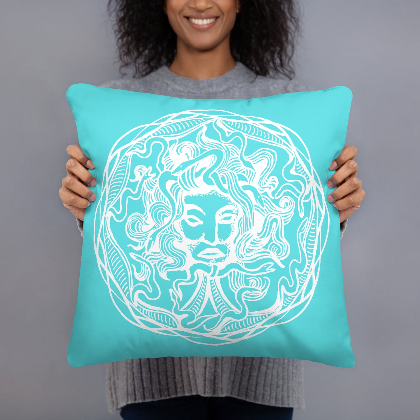 Medusa Circle Emblem Design Bright Blue Throw Pillow 18" x 18" Square Pillow