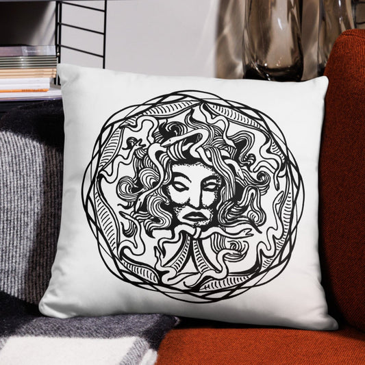 Medusa Circle Emblem Design White Throw Pillow 18" x 18" Square Pillow