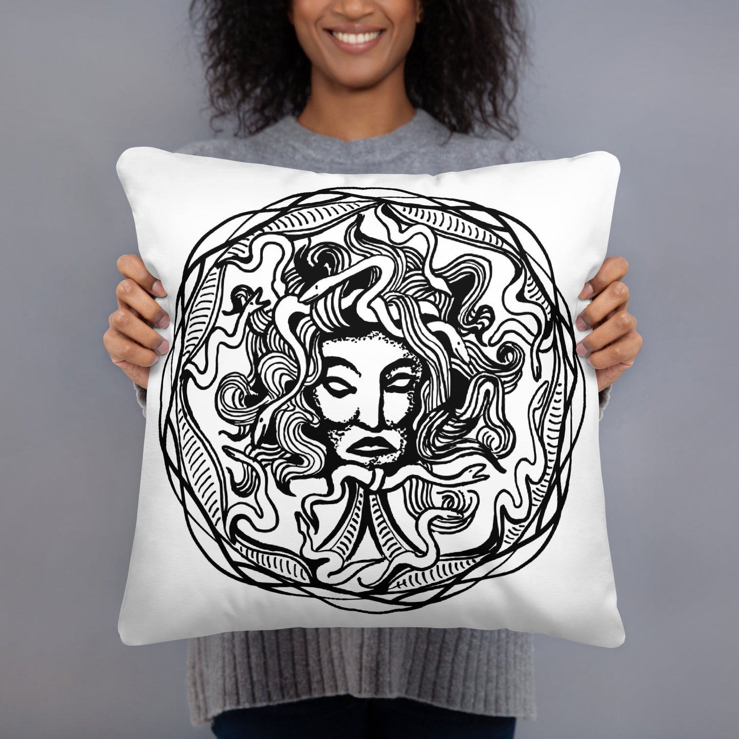 Medusa Circle Emblem Design White Throw Pillow 18" x 18" Square Pillow
