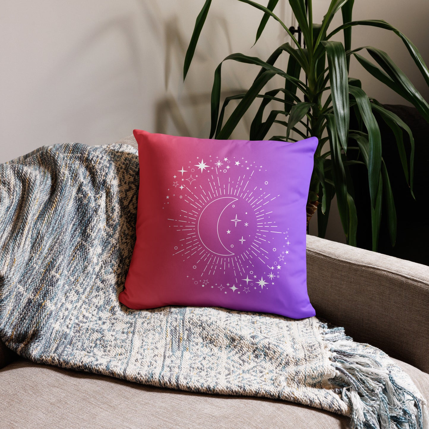 To The Moon & Stars Pink Purple Throw Pillow 18" x 18" Square Pillow
