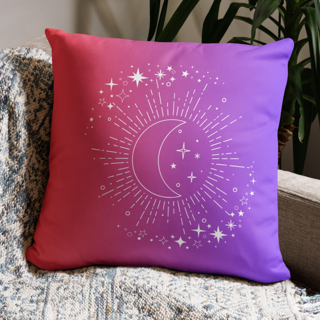 To The Moon & Stars Pink Purple Gradient Throw Pillow 18" x 18" Square Pillow