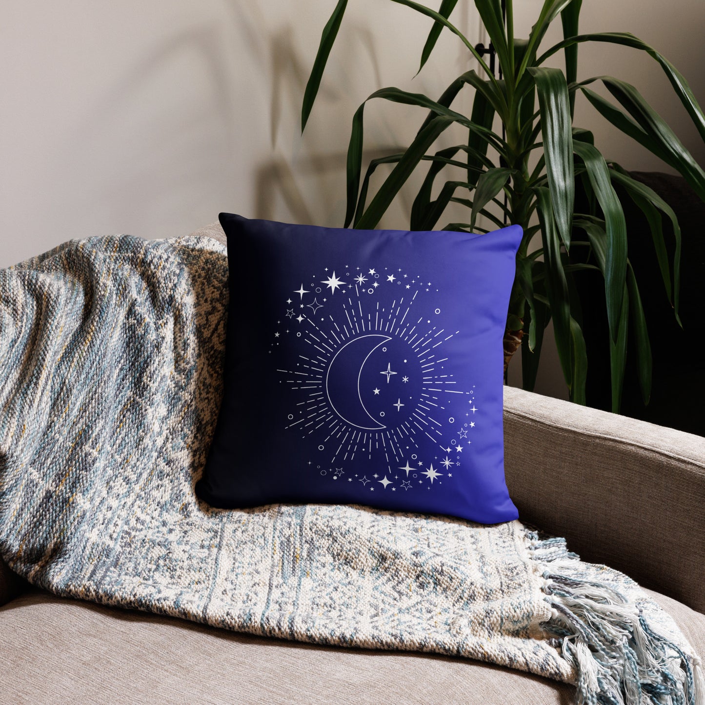 To The Moon & Stars Blue Black Throw Pillow 18" x 18" Square Pillow