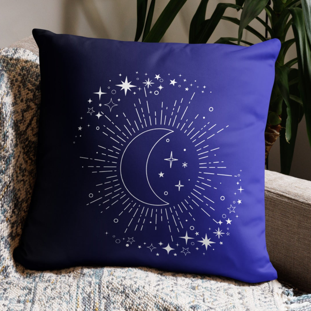 To The Moon & Stars Blue Black Gradient Throw Pillow 18" x 18" Square Pillow