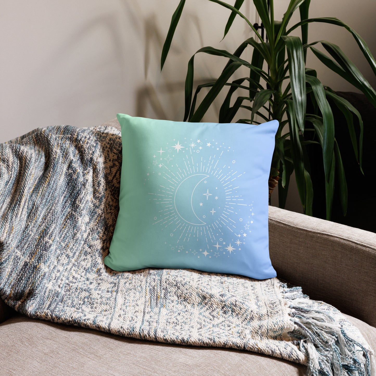 To The Moon & Stars Green Blue Gradient Throw Pillow 18" x 18" Square Pillow