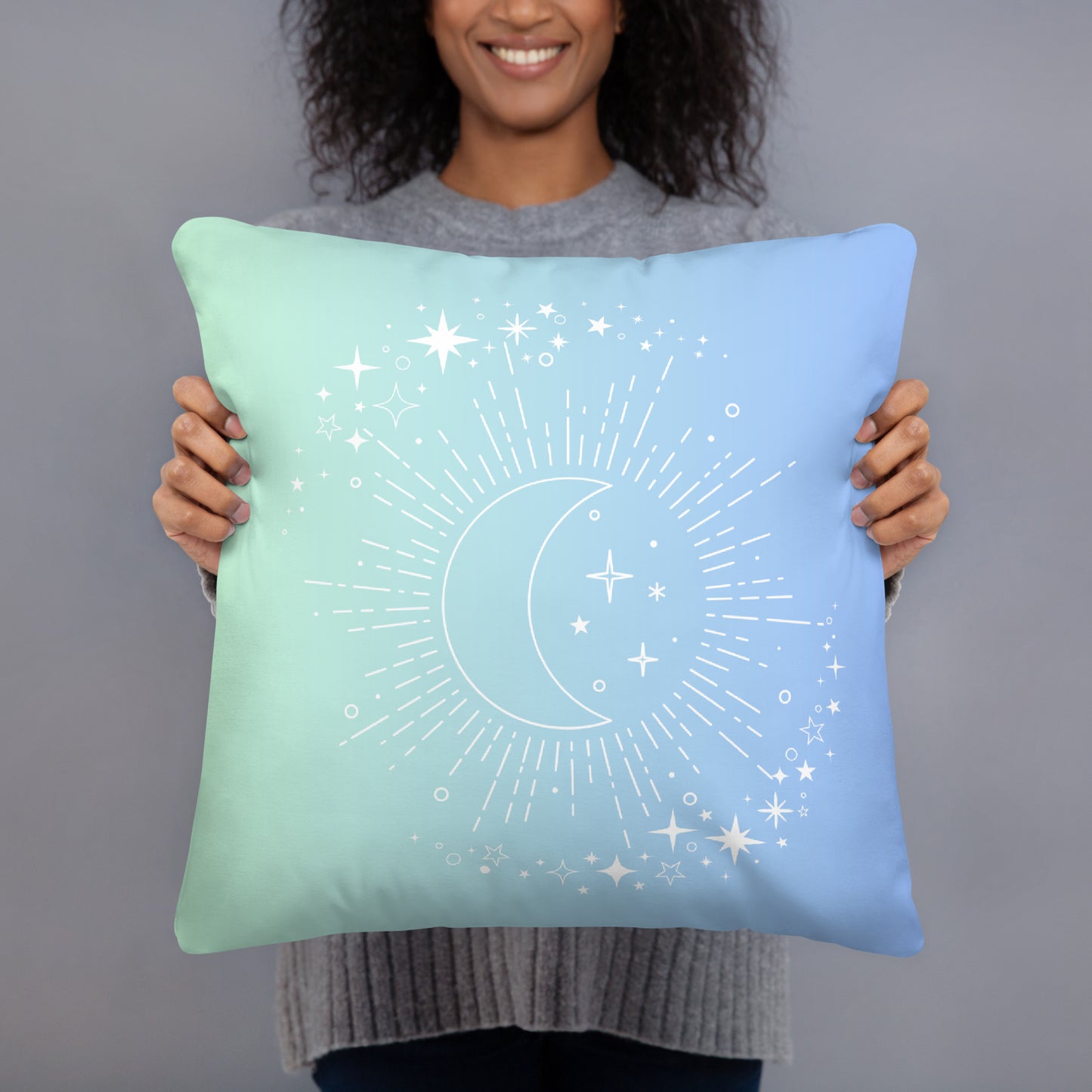To The Moon & Stars Green Blue Gradient Throw Pillow 18" x 18" Square Pillow