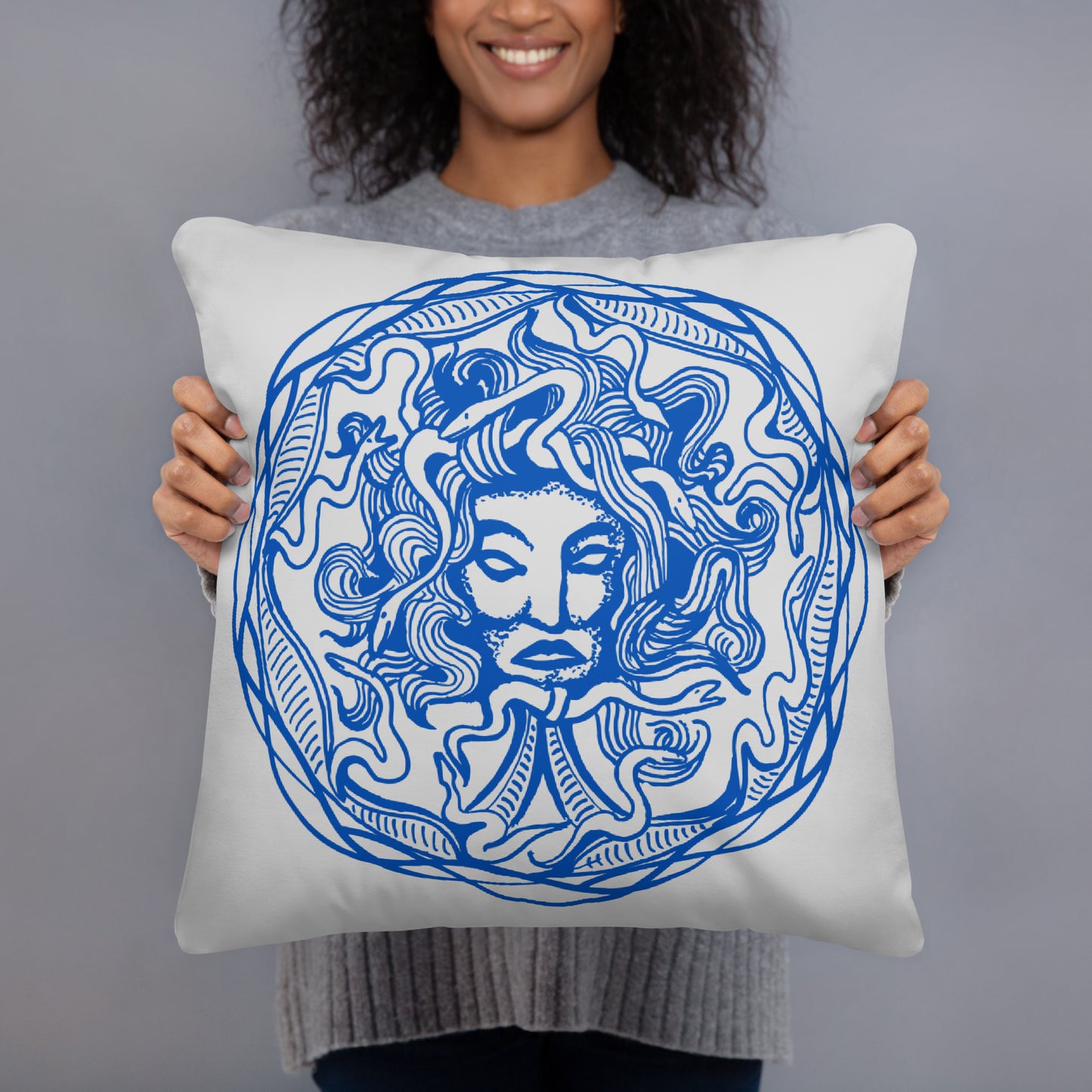 Medusa Circle Emblem Design Gray Throw Pillow 18" x 18" Square Pillow