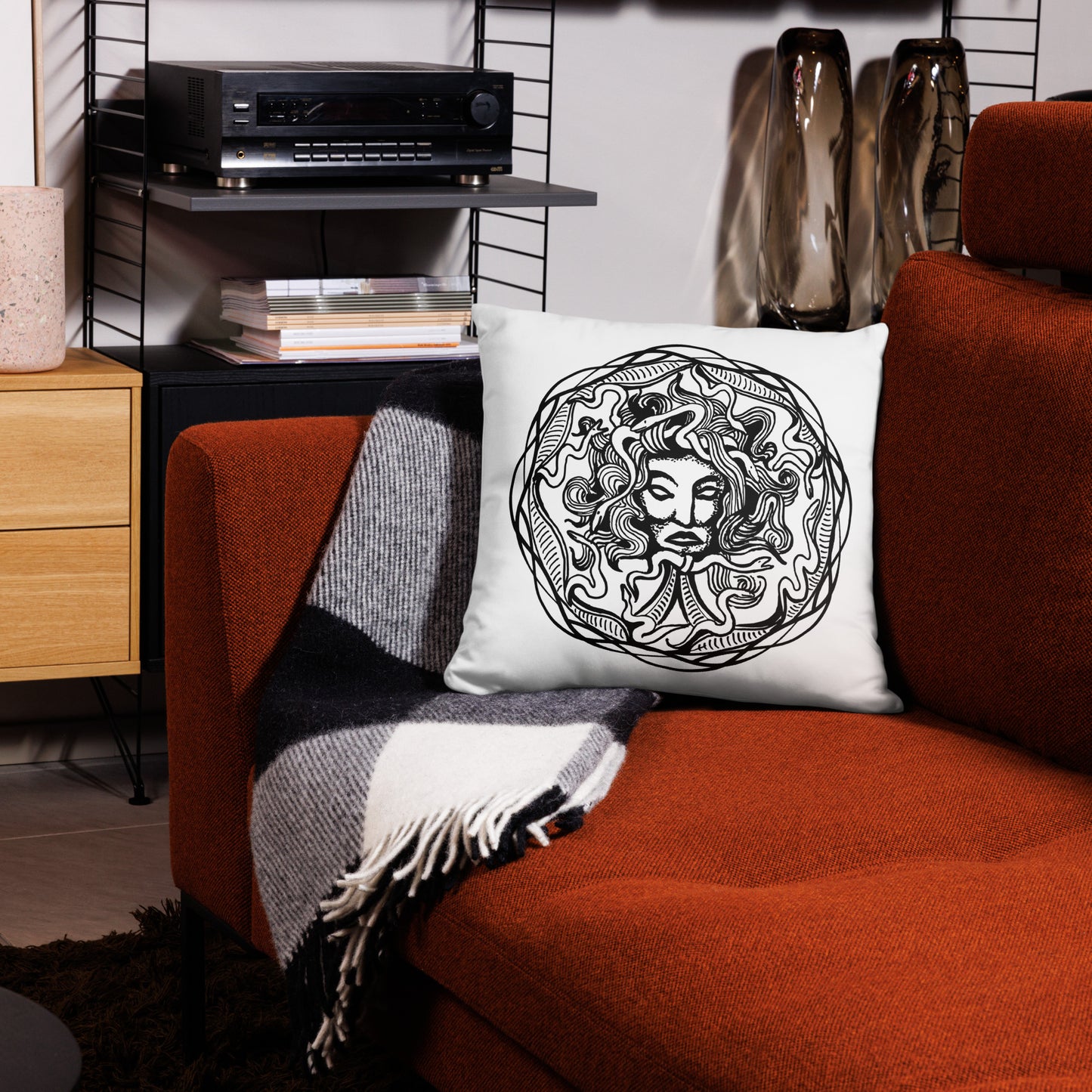 Medusa Circle Emblem Design White Throw Pillow 18" x 18" Square Pillow
