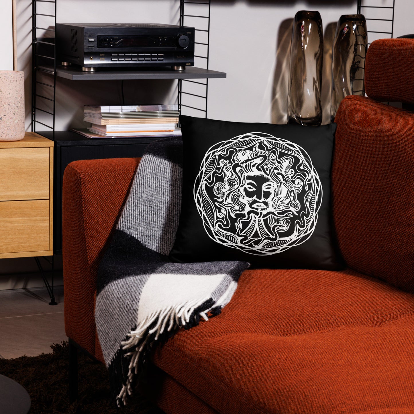 Medusa Circle Emblem Design Black Throw Pillow 18" x 18" Square Pillow