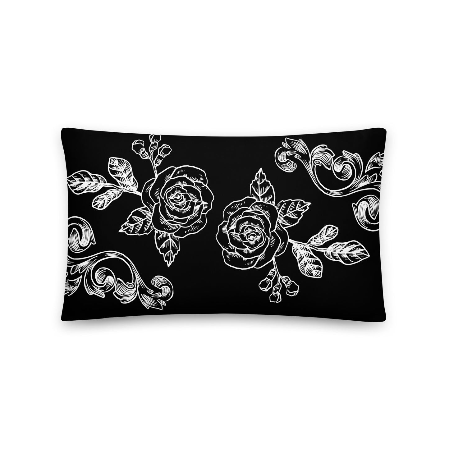 Flower Filigree White Design Black Throw Pillow 12" x 20"