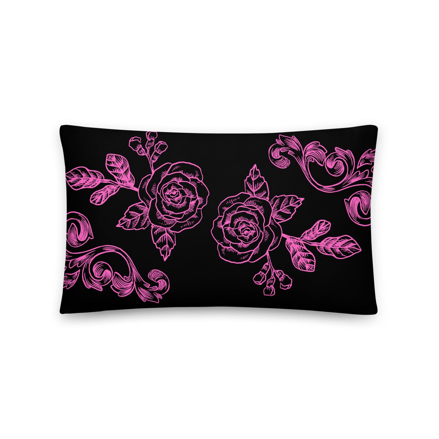 Flower Filigree Pink Design Black Throw Pillow 12" x 20"