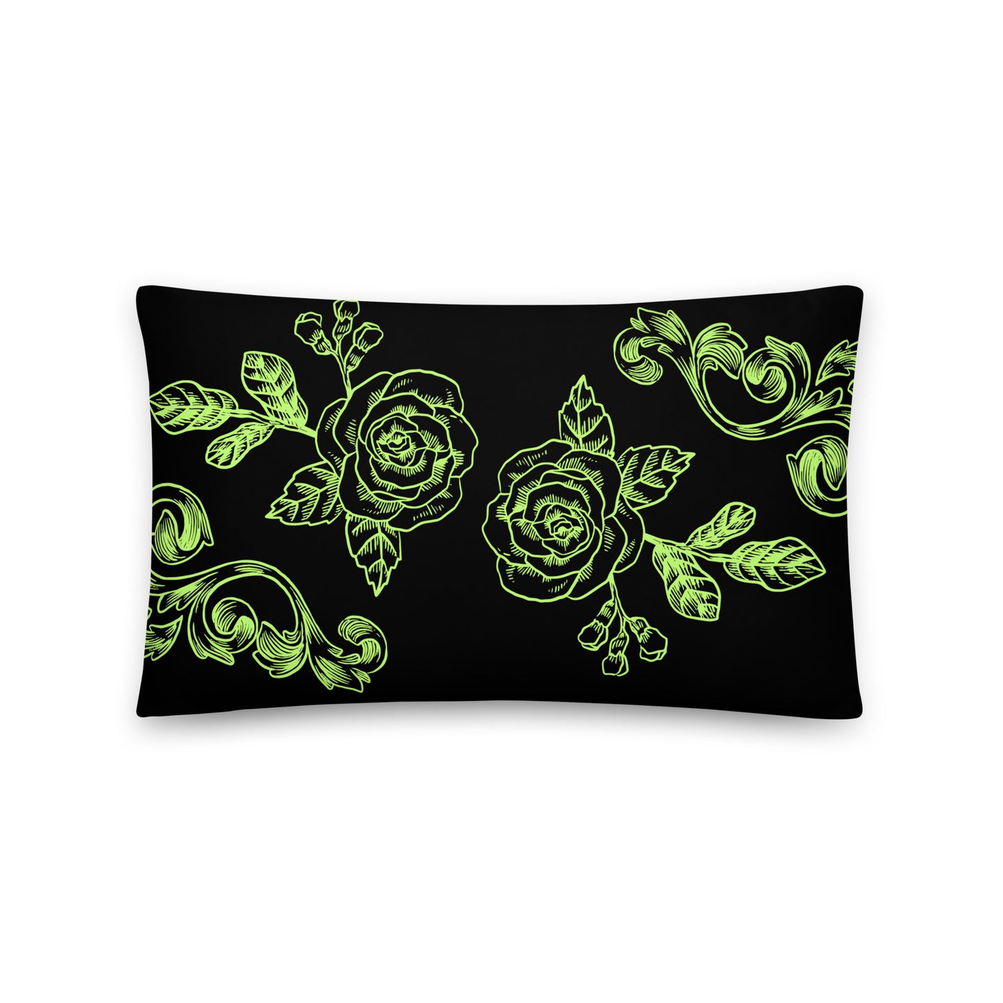 Flower Filigree Green Design Black Throw Pillow 12" x 20"