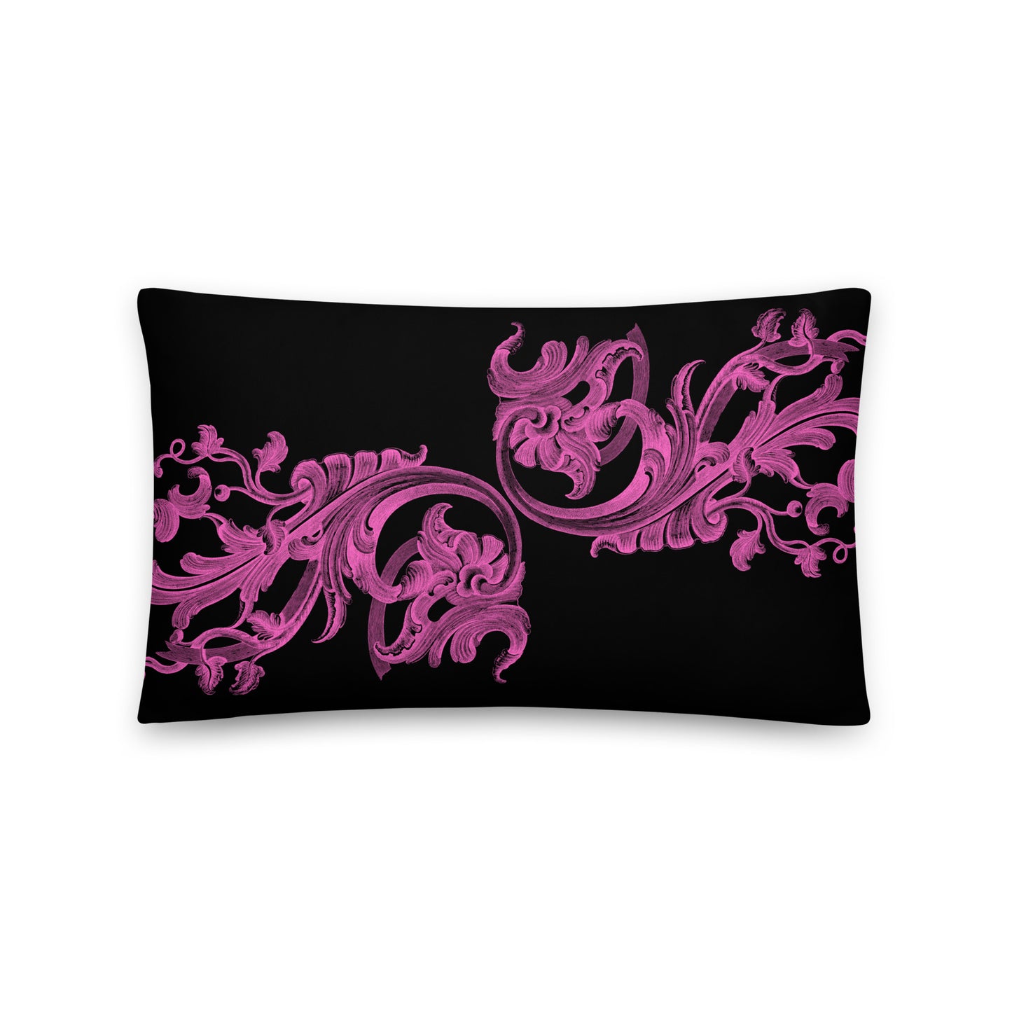 Art Nouveau Filigree Pink Design Black Throw Pillow 12" x 20"