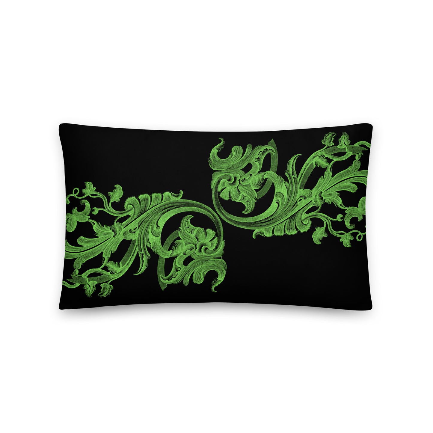 Art Nouveau Filigree Green Design Black Throw Pillow 12" x 20"