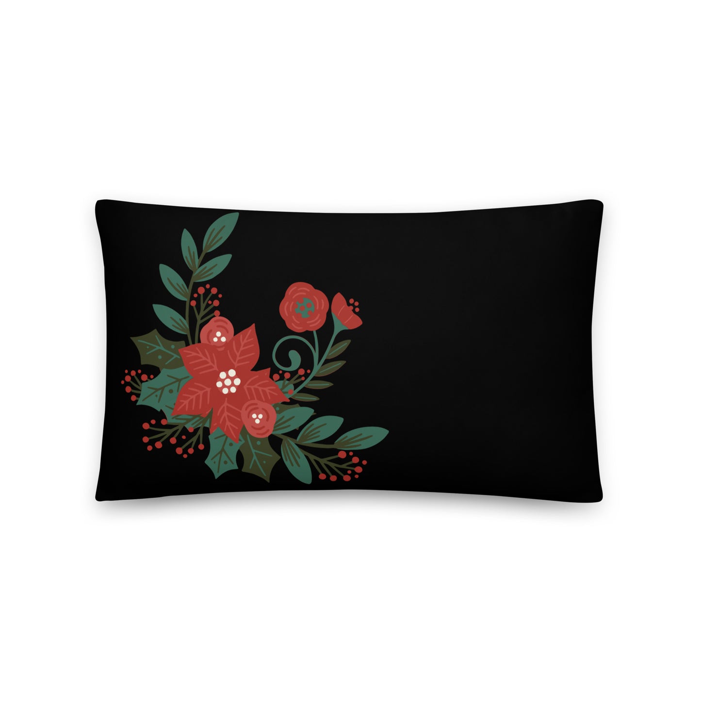 Poinsettia Holly Berry Black Throw Pillow 12" x 20"