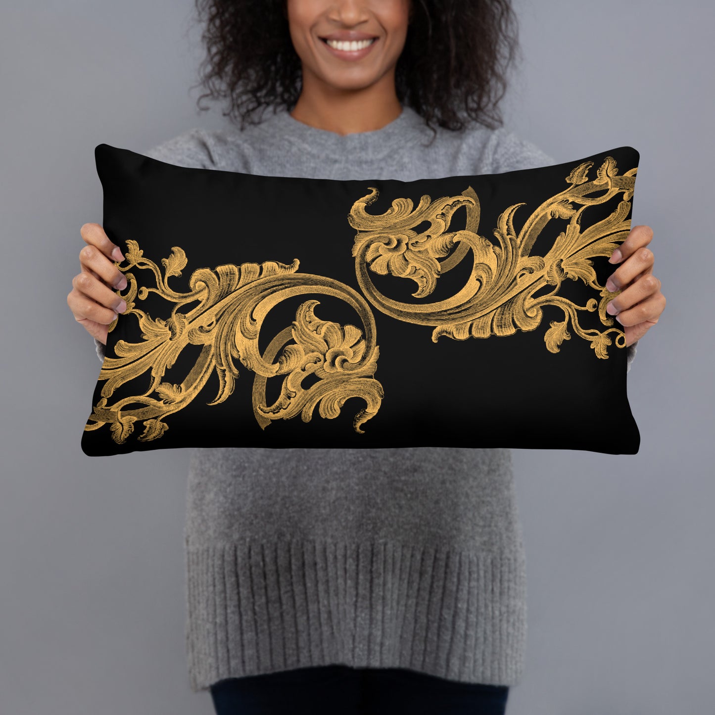 Art Nouveau Filigree Orange Design Black Throw Pillow 12" x 20"