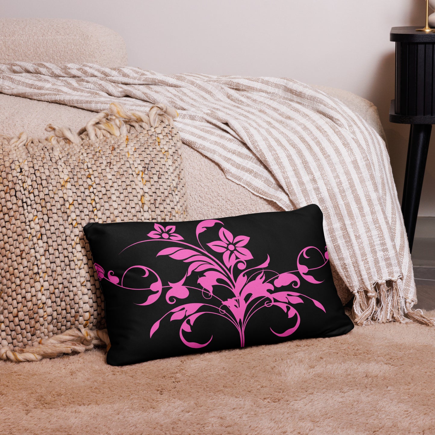 Floral Filigree Bouquet Pink Design Black Throw Pillow 12" x 20"