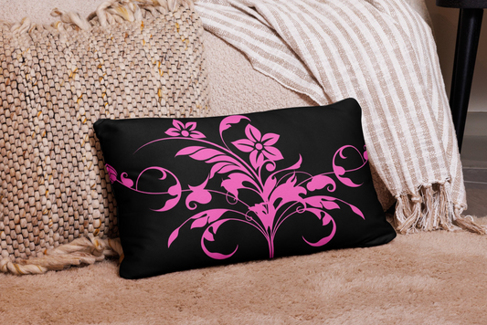 Floral Filigree Bouquet Pink Design Black Throw Pillow 12" x 20"