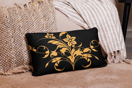 Floral Filigree Bouquet Orange Design Black Throw Pillow 12" x 20"