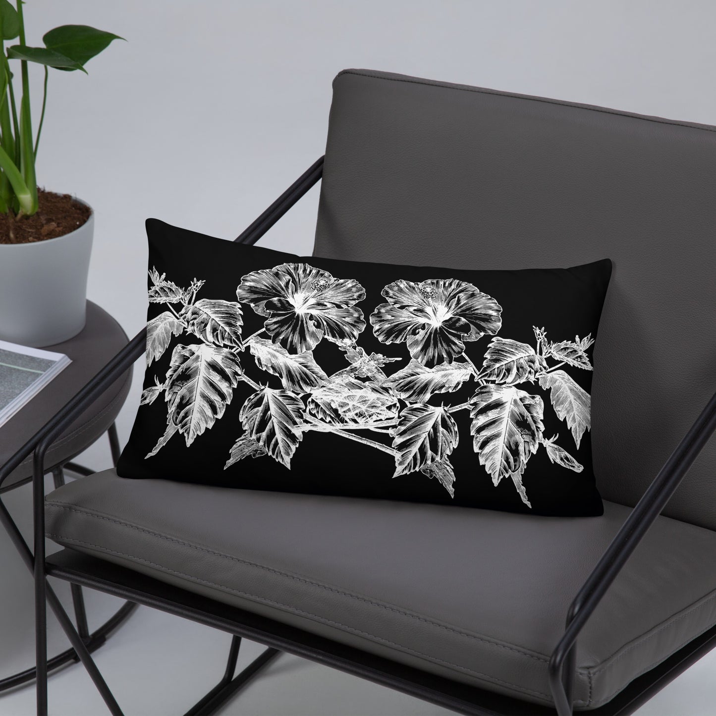 White Flowers Black Throw Pillow 12" x 20"