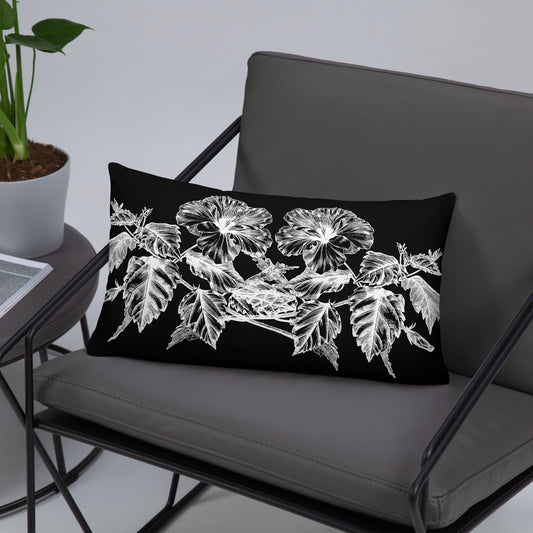 White Flowers Black Throw Pillow 12" x 20"