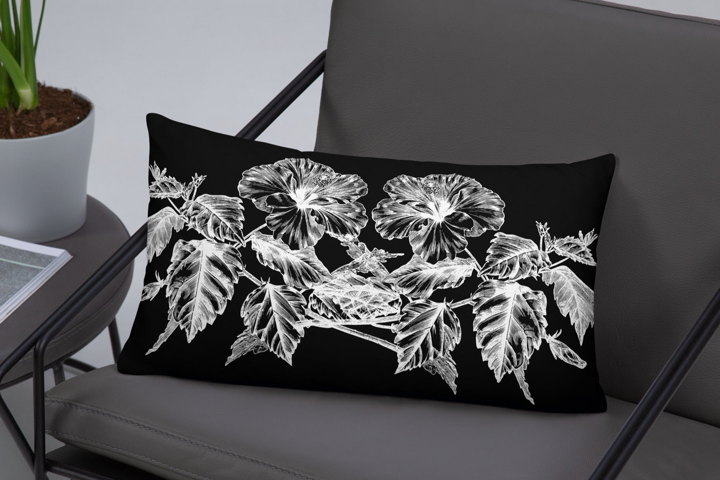 White Flowers Black Throw Pillow 12" x 20"