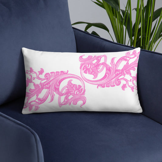 Art Nouveau Filigree Pink Design White Throw Pillow 12" x 20"