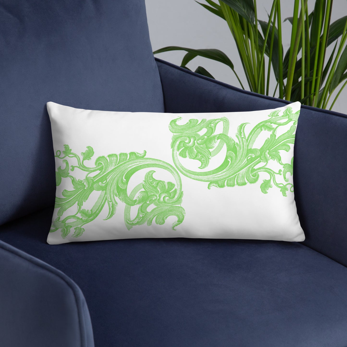 Art Nouveau Filigree Green Design White Throw Pillow 12" x 20"