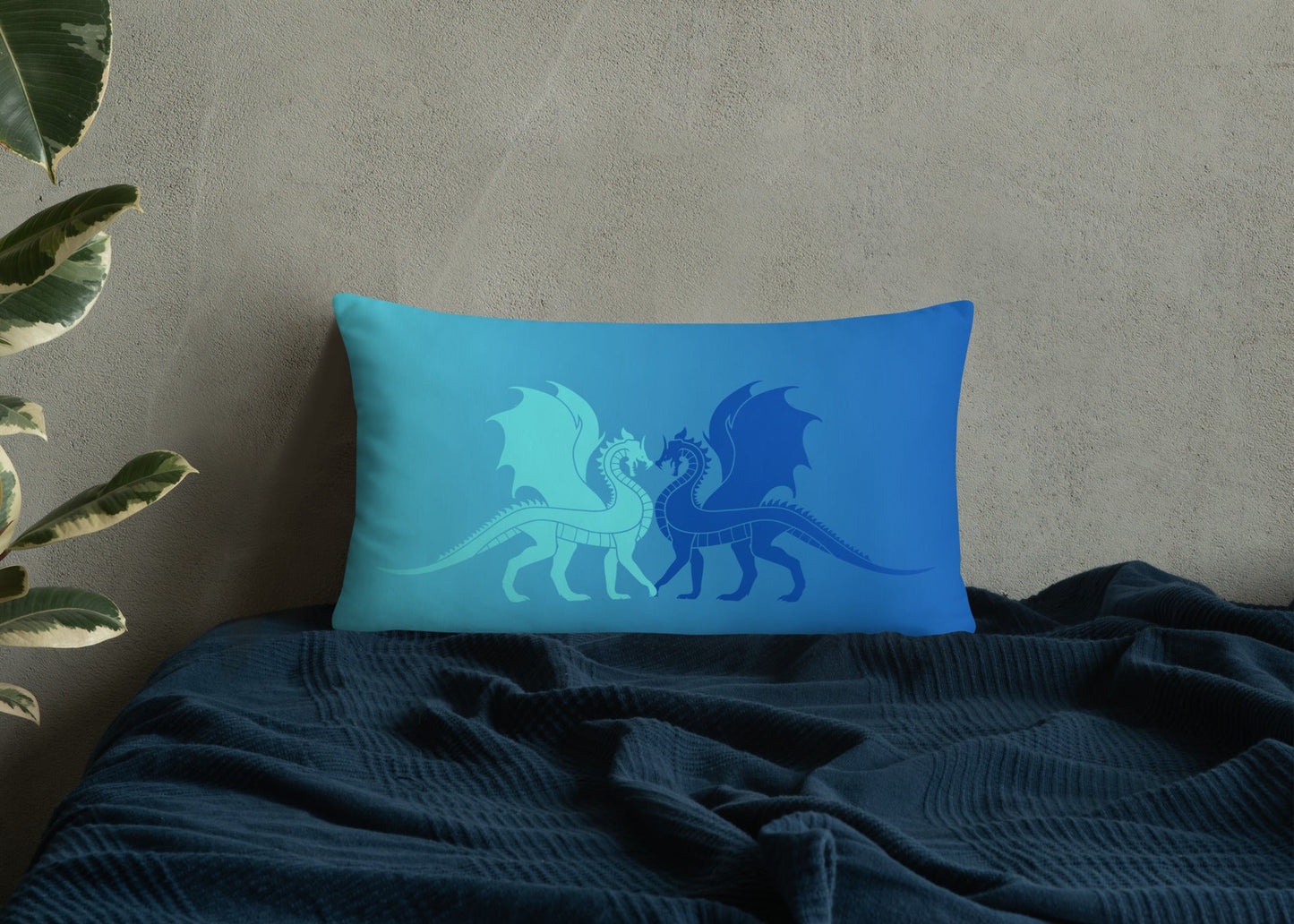 Double Dragon Love Blue Gradient Throw Pillow 12" x 20"
