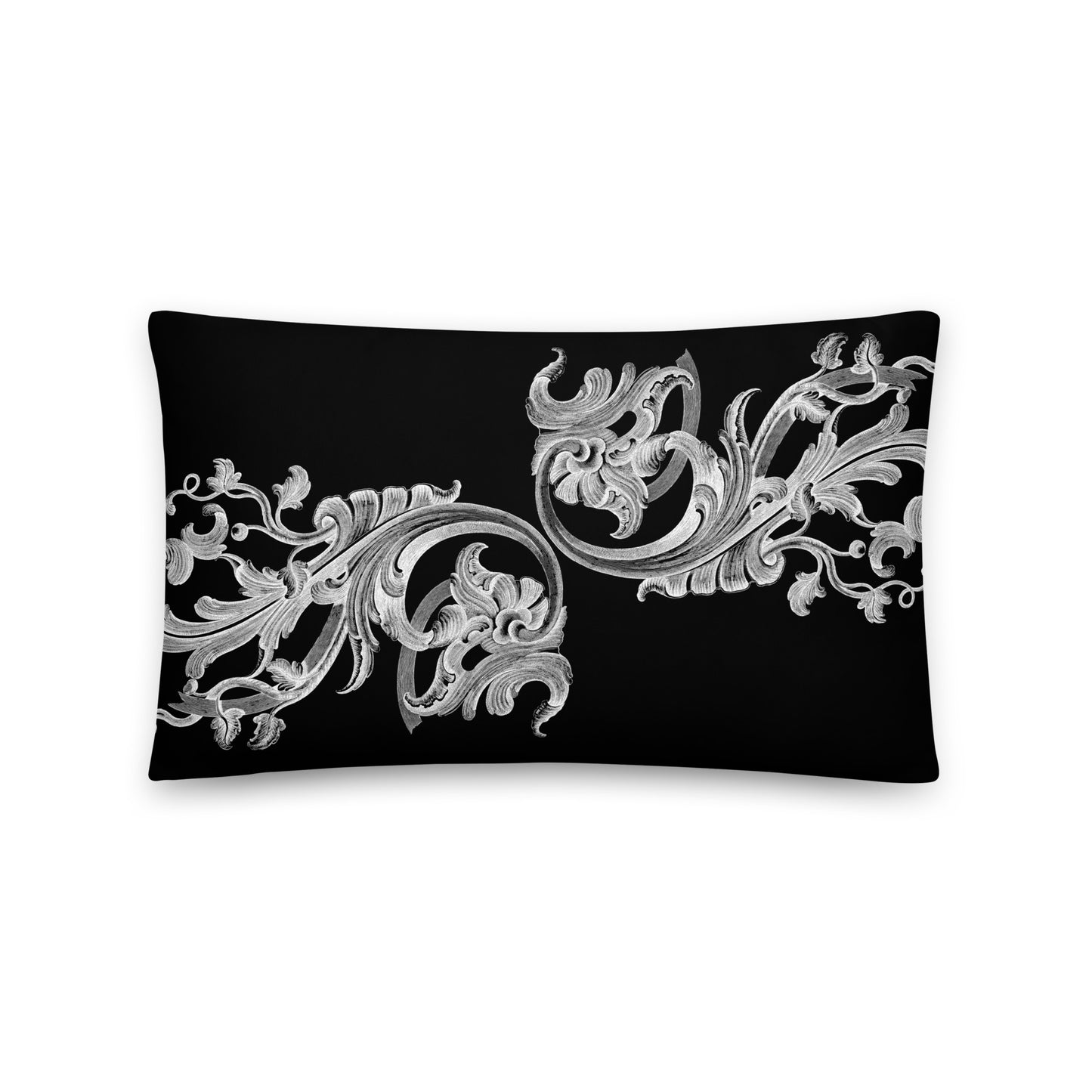 Art Nouveau Filigree White Design Black Throw Pillow 12" x 20"