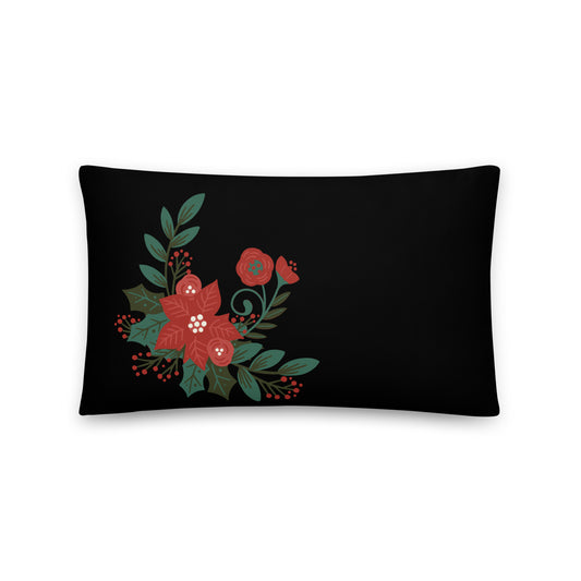 Poinsettia Holly Berry Black Throw Pillow 12" x 20"
