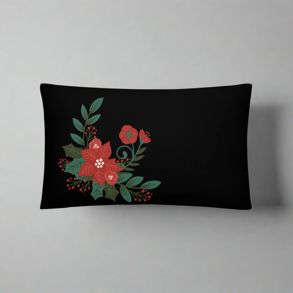 Poinsettia Holly Berry Black Throw Pillow 12" x 20"