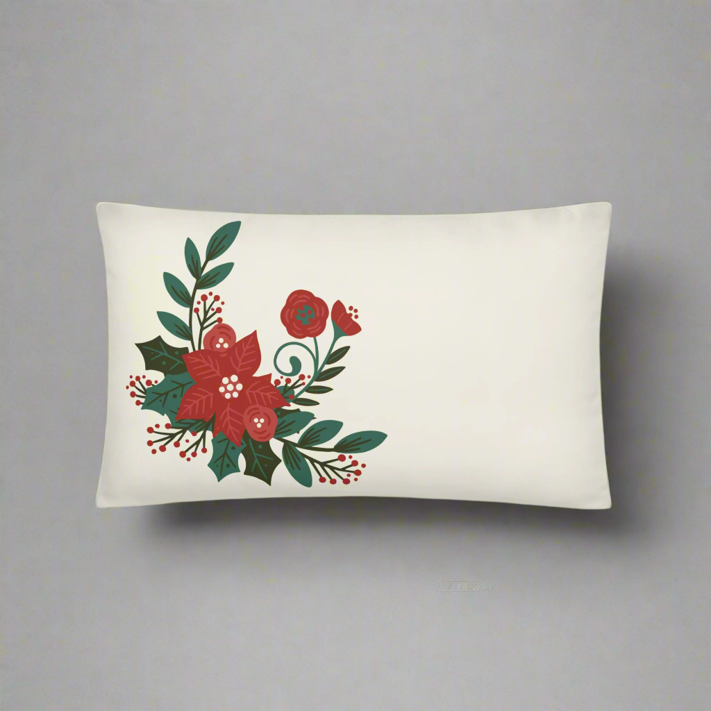 Poinsettia Holly Berry Cream Throw Pillow 12" x 20"